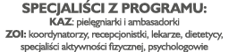Specjaliści z programu: KAZ: pielęgniarki i ambasadorki ZOI: koordynatorzy, recepcjonistki, lekarze, dietetycy, specj   