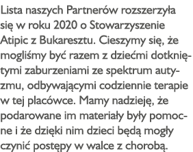 Lista naszych Partnerów rozszerzyła się w roku 2020 o Stowarzyszenie Atipic z Bukaresztu  Cieszymy się, że mogliśmy b   