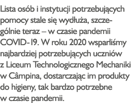Lista osób i instytucji potrzebujących pomocy stale się wydłuża, szczególnie teraz   w czasie pandemii COVID-19  W ro   