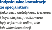 Indywidualne konsultacje ze specjalistami (lekarzem, dietetykiem, trenerem i psychologiem) realizowane były w formule   