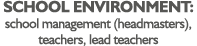 School environment: school management (headmasters), teachers, lead teachers