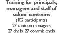 Training for principals, managers and staff of school canteens (102 participants) 27 canteen managers, 27 chefs, 27 c   