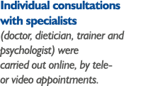 Individual consultations with specialists (doctor, dietician, trainer and psychologist) were carried out online, by t   