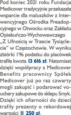Pod koniec 2021 roku Fundacja Medicover tradycyjnie przekaza a wsparcie dla maluszk w z Interwencyjnego O rodka Pread...