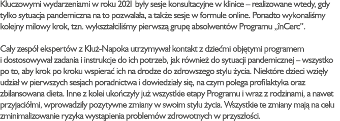 Kluczowymi wydarzeniami w roku 2021 by y sesje konsultacyjne w klinice – realizowane wtedy, gdy tylko sytuacja pandem...