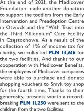 At the end of 2021, the Medicover Foundation made another donation to support the toddlers from the Early Interventio...